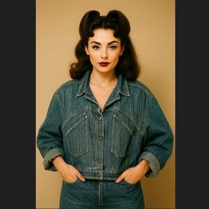 Vintage Pin Stripped Dark Denim Puff Shoulder Jean Jacket- No Brand Name